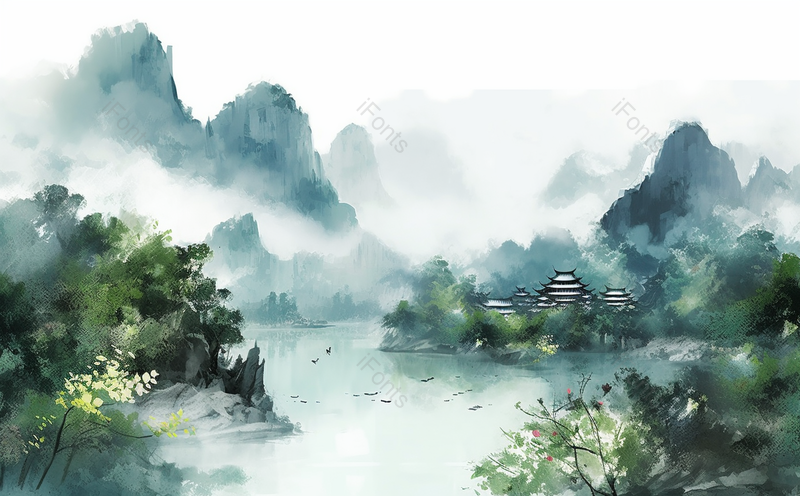 远处中国建筑立夏平静湖面云雾策绕荷花盛开国风水墨画,插画/手绘图,插画/手绘图库,插画/手绘图下载,插画/手绘
